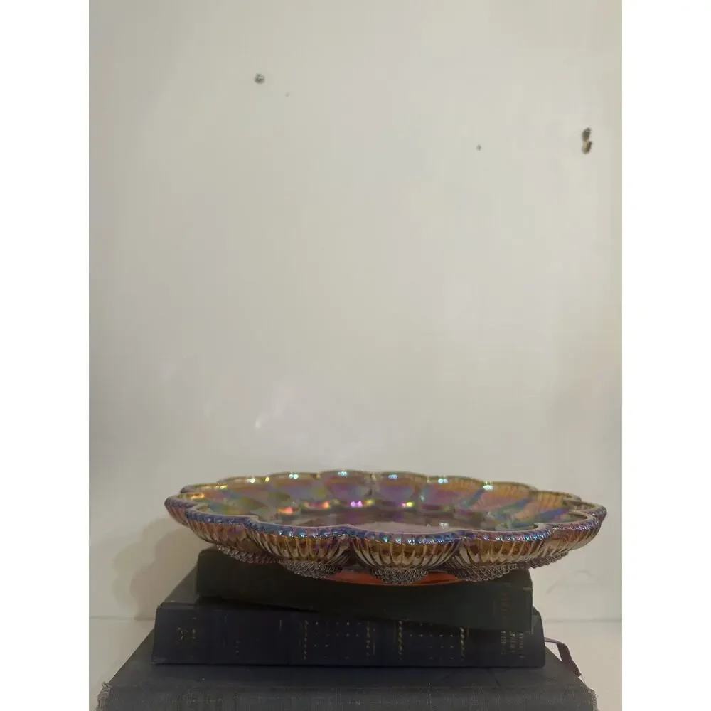 VTG Indiana Glass Hobnail Carnival Amber Iridescent Deviled Egg Plate 11